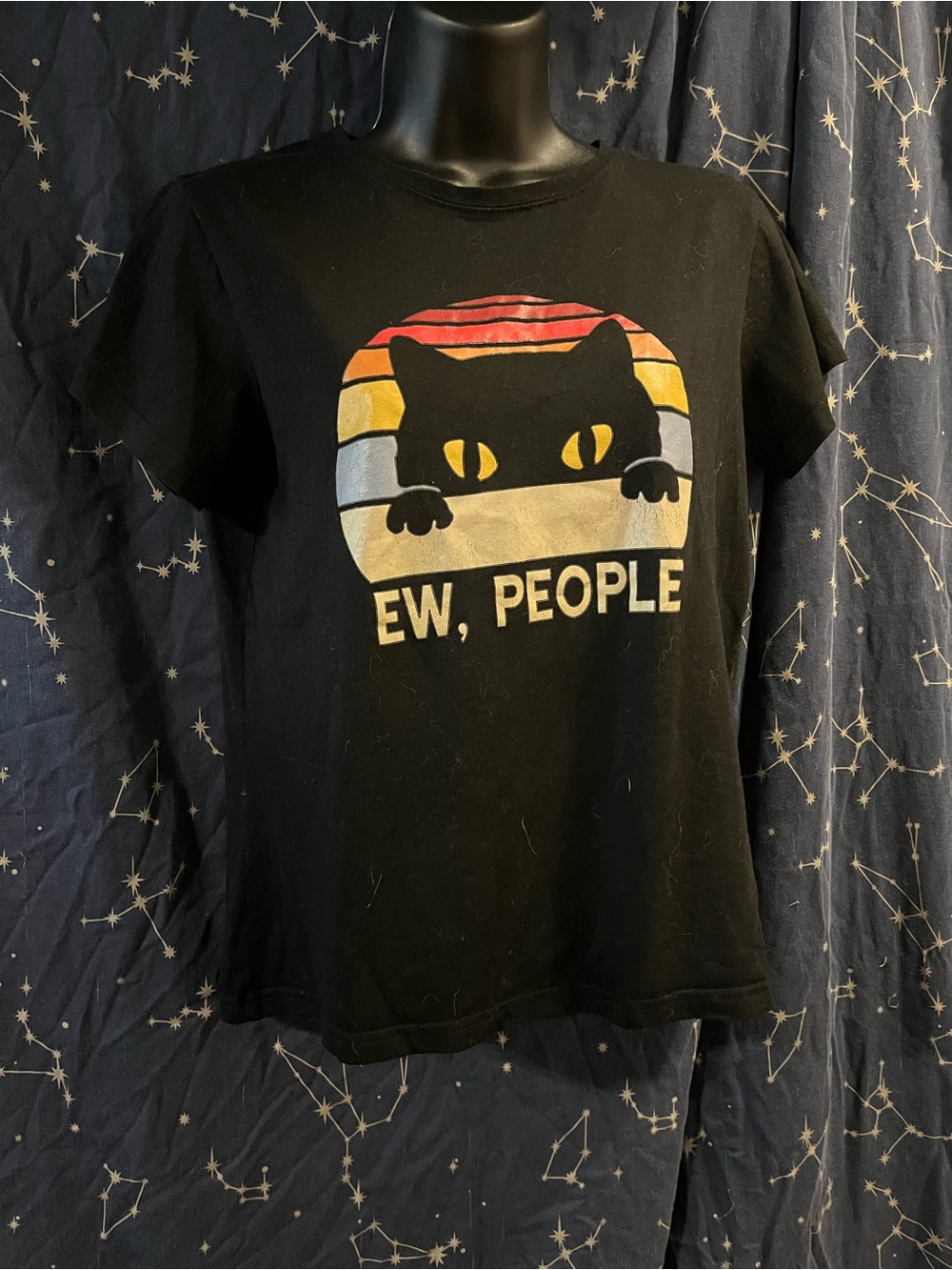 SHEIN Black Tee with Retro Rainbow Cat Graphic